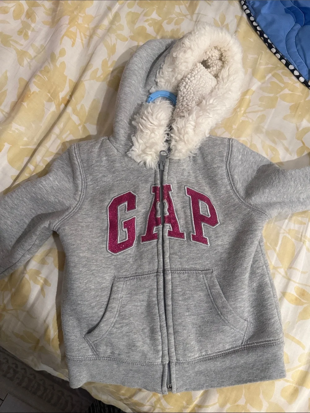 GAP Gray Hoodie with Pink Logo and Cream Sherpa Hood